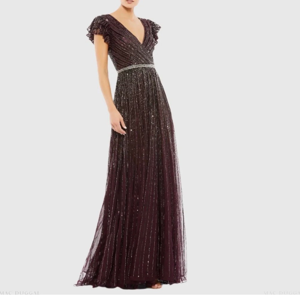 Mac Duggal Sequined Wrap Over Ruffled Cap Skeeve Gown
